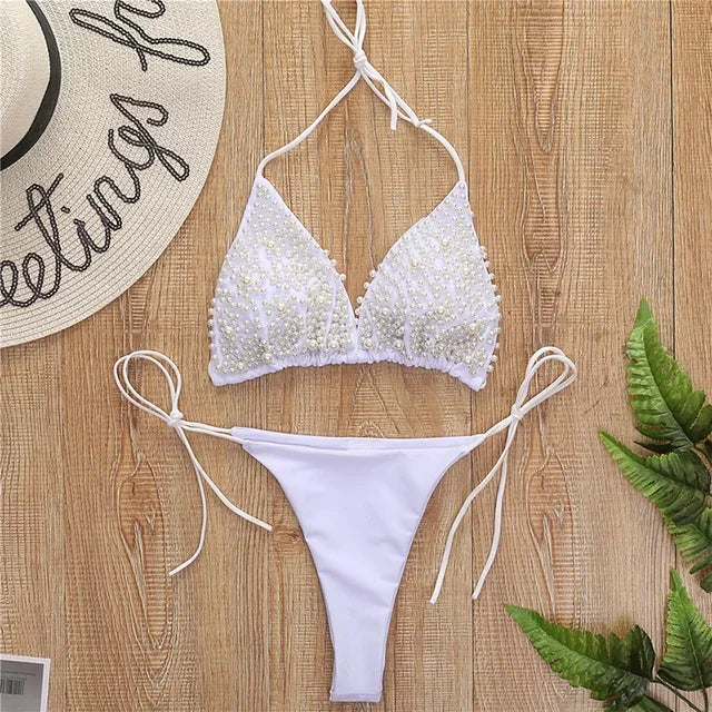 Sexy Halter Luxury Pearl Bikini Female Swimsuit Women Swimwear Two-pieces Bikini set Mini Micro Bather Bathing Suit Swim Lady