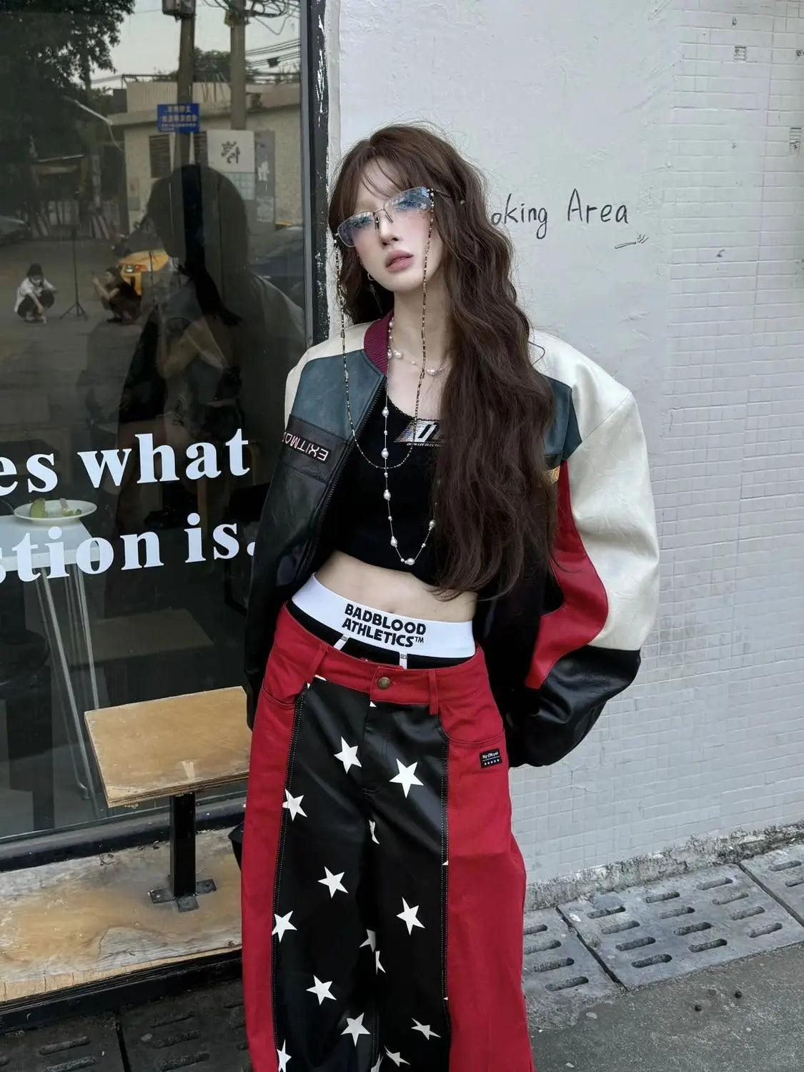2025 Fall Winter Y2K Sweet Grunge Star Print PU Leather Patchwork Jeans Women Oversized Baggy Streetwear Wide Leg Pants