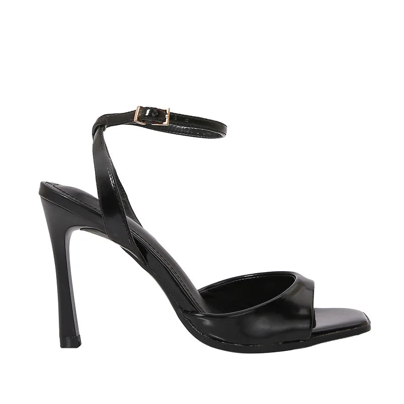 Black Patent Leather Ankle Strap Buckle Heeled Sandals Women Sexy Square Open Toe High Heels Summer Elegant Party Office Shoes