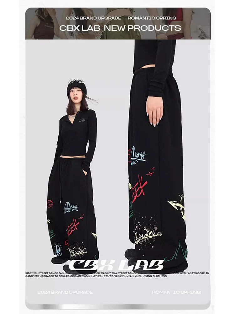 CBXLAB Street Dance Women' s Black color graffiti hip hop long pants autumn and winter street jazz soft and firm dancing sports