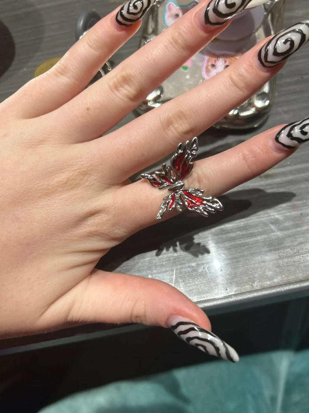 Goth Punk Retro Red Crystal Love Heart Cross Geometry Irregular Open Ring Set Y2K Halloween Accessories For Women Kpop Jewelry