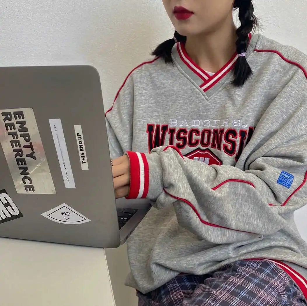 Retro American V-ne Letter Embroidery Pure Cotton College BF Sle Loose Fit Thin Hoodie Women's Autumn Baseball Jaet