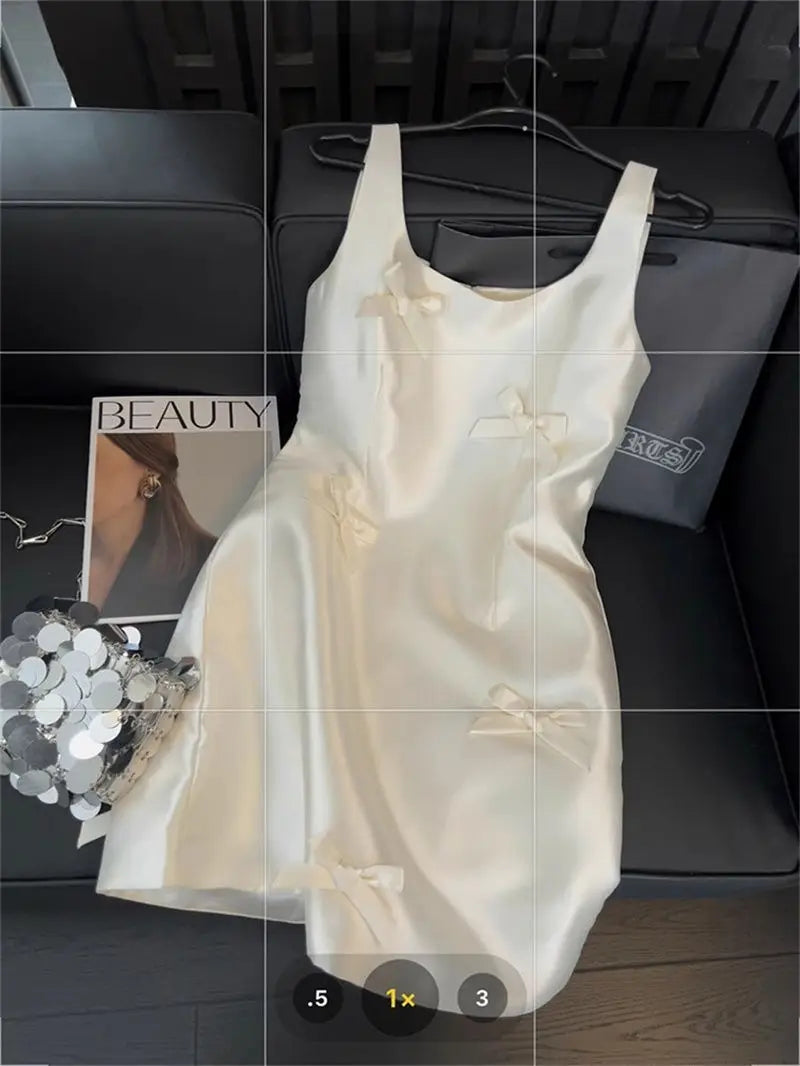 Women Elegant Mini Dress Satin Bow Decor Sleeveless Square Neck Slim Fit Suit French Style Party Club Night Summer Outfit