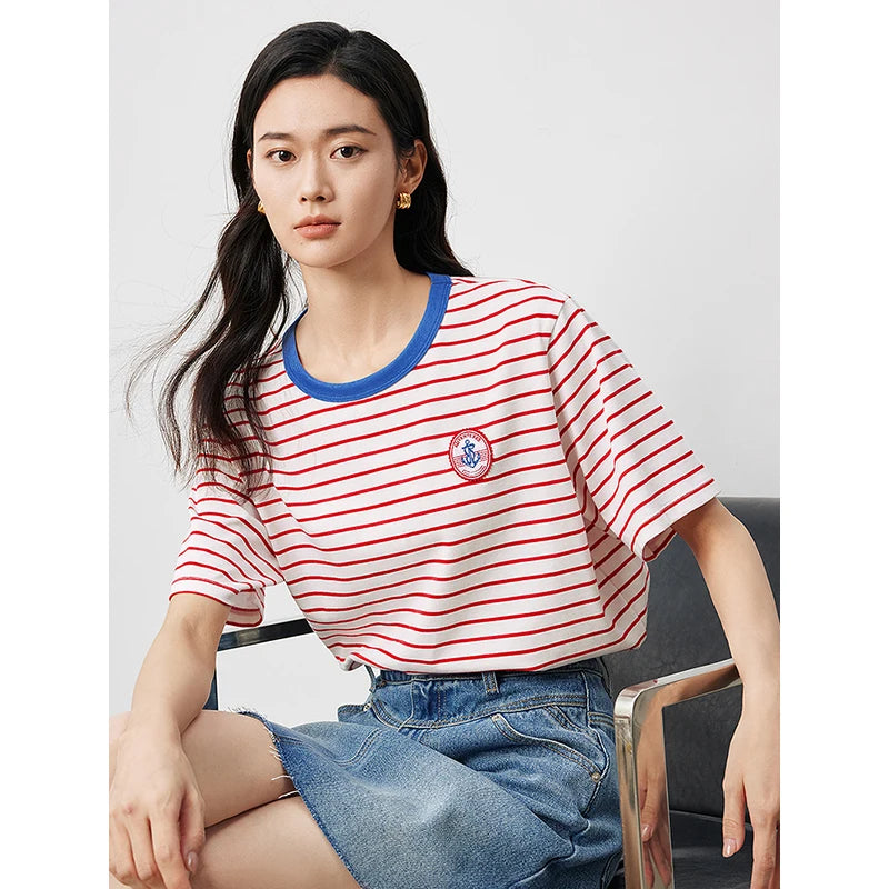 TOYOUTH Women Striped Short Sleeved T-shirt 2024 Summer New Academy Style Round Neck Top