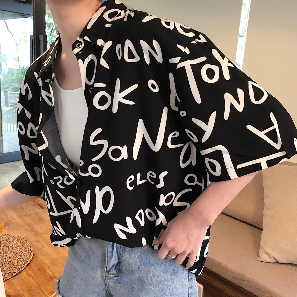 Women's Fashion Casual Loose Short Sleeve Shirt  T-shirt  Alphabet Print Shirt Half Sleeve