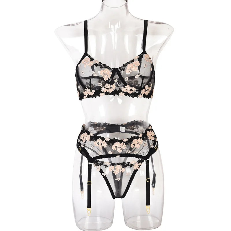 Floral Embroidered Sheer Lingerie Set Underwire Push Up Bra Thong Garter Belt See-Through Corset for Bridal Night Boudoir