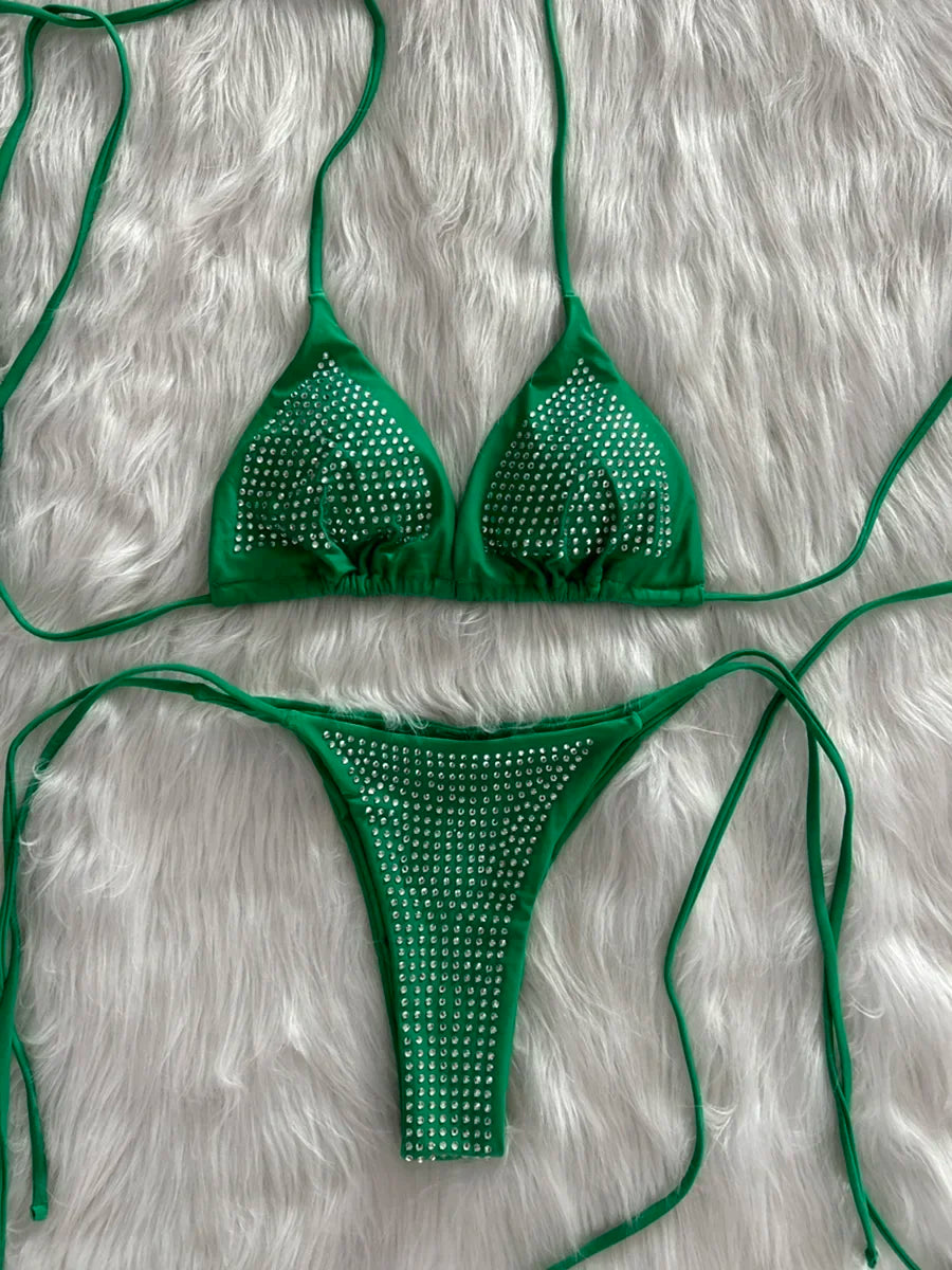 Shiny Sequins Wrap Around Jewelled Bikini Women Swimwear Female Swimsuit Two-pieces Bikini Set Halter Bathing Suit Swim Trend
