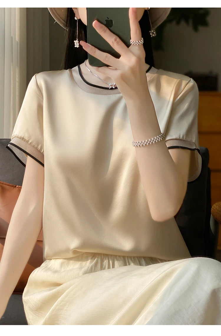 Oversize New Arrival T-Shirt Silky Satin Surface Women's Tees Short ONeck Tank Top Casual Slim Solid Lady Clothes Fashion Trends