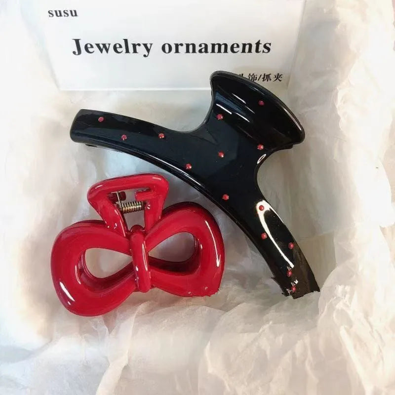 2Pcs/set Vintage Blue Polka Dot Red Bow Hair Clip Shark Claw Clamp Hairpin Barrette Korean Hair Headwear Accessory For Women