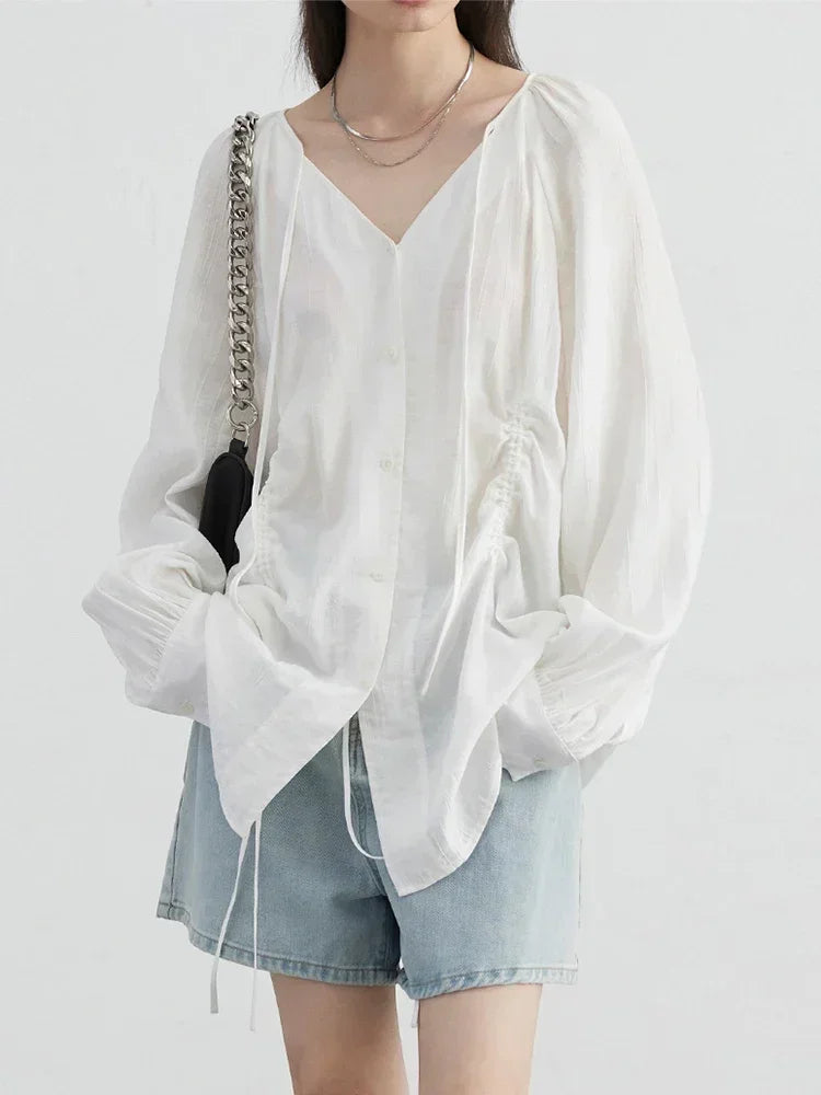 CHIC VEN Women Loose Lace Up Shirt Solid New Korean V-neck Pleated Raglan Long Sleeved Blouses Female Tops Spring Summer 2025