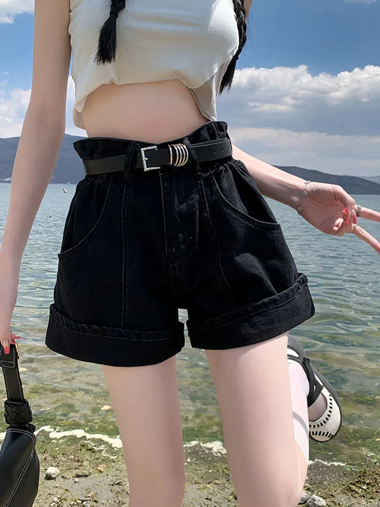 Women's Wine Red Denim Shorts High Waist Wide Shorts Harajuku Streetwear Korean Style Y2k Casual Blue A Line Jean Shorts Summer