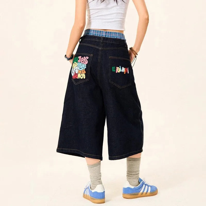 Summer High Street Letter Printing Washing Denim Shorts Men and Women American Retro Casual Loose Straight Cropped Pants Trendy