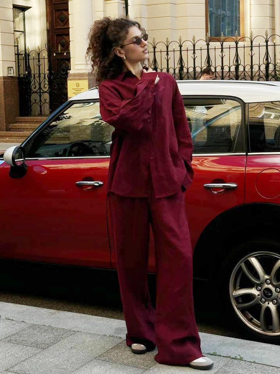 Bornladies Cotton Casual Pants Sets Women's Solid Color Cozy Lapel Long Sleeve Shirt Summer Outfit Elastic Waist Pants Suits