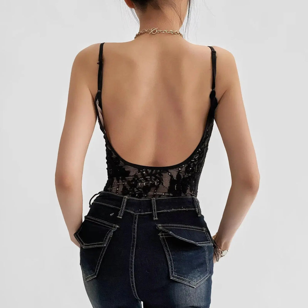 Sexy See Through Lace With Lining Backless Spaghetti Strap Bodysuit Woman Sling Tight Short Jumpsuit Slim fit Rompers Playsuits