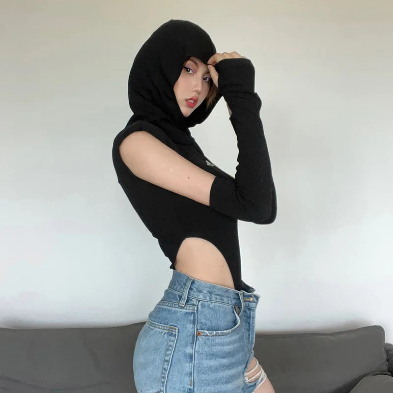 Fashion Solid Color Hooded Bodysuit One Piece Sexy Round Neck Sleeveless Lingerie Sexy Casual Slim Streetwear Festival Outfit