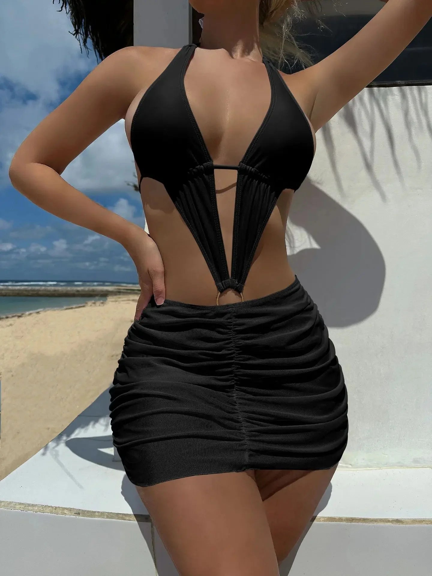 Sexy Hollow out One Piece Pure Color Two Piece Set Swimsuit Bikini Cross Border Sports And Fitness Clothing Accessories