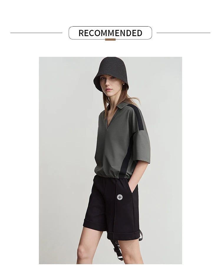 Amii Minimalist Cotton T-Shirts For Women 2025 Summer New V-Neck Pullover Loose Short Shoulder Sleeve Chic Commute Tops 12552001