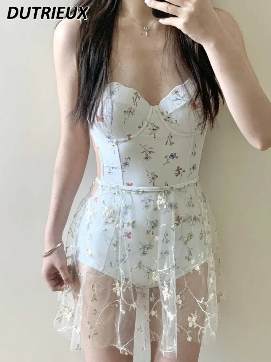 Summer Seaside Holiday Print Swimwear Shoulder Straps Backless Sexy Hot Spring Ins Style Slimming French One Piece Swimsuit