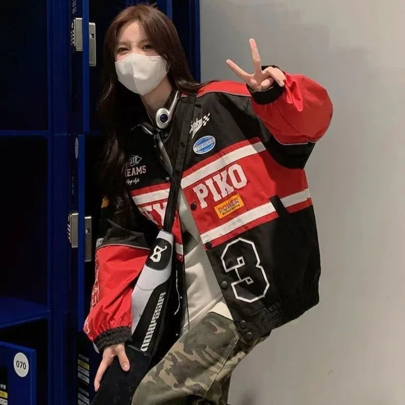 2023 Y2k Red White Bomber F1 Jacket Women Men Biker Racer Jacket Retro Hip Hop Grunge Clothes Trend Oversize Windbreaker Varsity