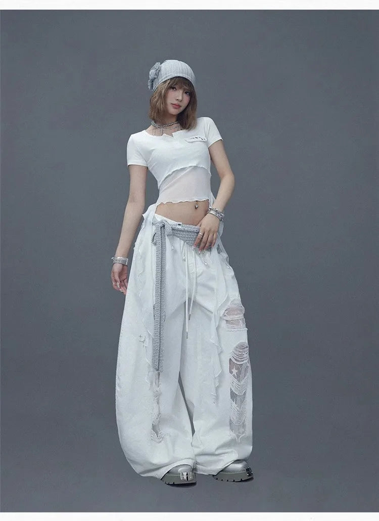 CBXLAB Street Dance Women'sWhite denim patchwork distressed dance pants with long design for jazz dancers, spicy and casual