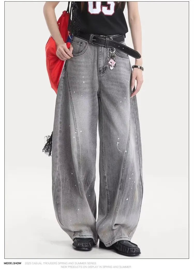 American retro washing smoke grey ink jeans scimitar straight wide-leg lazy style casual trousers Korean style