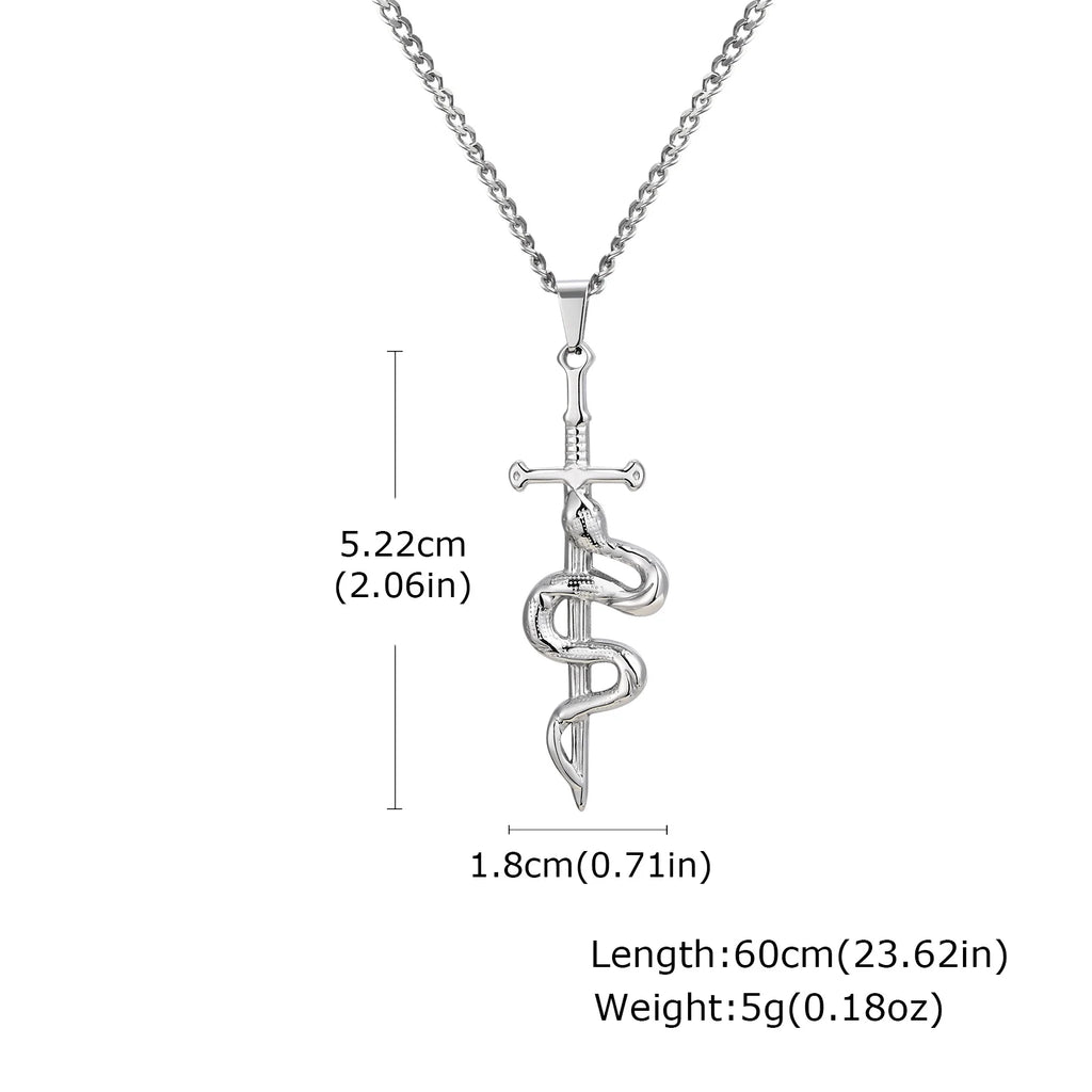 Punk Sword Necklace for Men Boys,Cross Snake Pendant Necklace with 60CM Cuban Chain,Gothic Jewelry Gift
