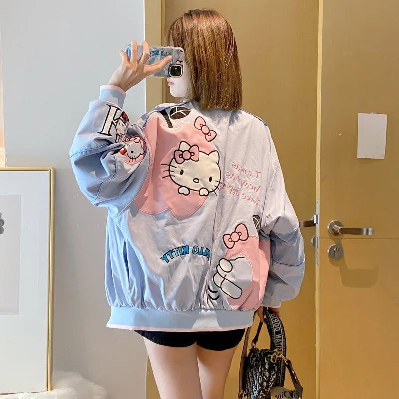 Cartoon Hellokitty Y2k Baseball Jacket Button American Retro Coats Embroidery KT Cat Harajuku Jacket Women Oversized Coat