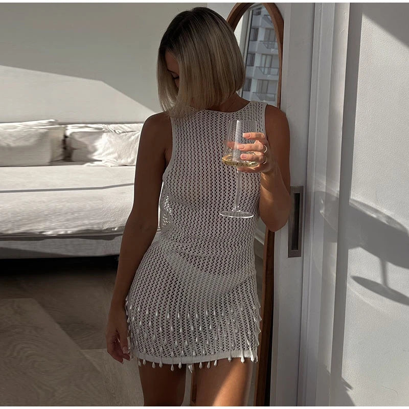 Sexy Backless Pearl Tassel Mini Dress Women Chic Street Knitted Hollow Out Lace Up Slim Short Dresses Lady Spring Beach Party