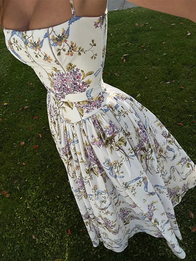 Chic Flower Print A-line Maxi Dress Women Elegant High Waist Strapless Backless Slim Vestidos 2025 Lady Summer Vacation Robes