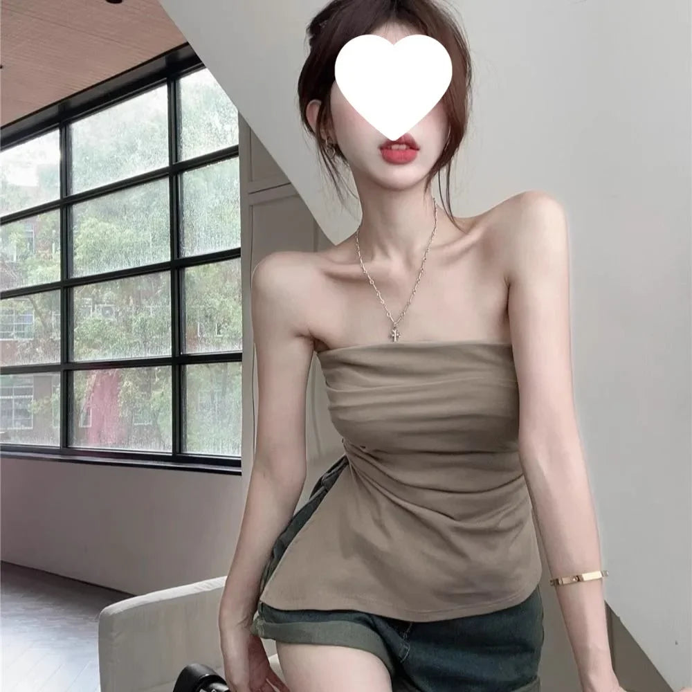 Sexy Open-Back Strapless Sleeveless T-Shirt Women's Spring Autumn Slimming Grey Top Cropped Outer Wear Base Wrap Chest