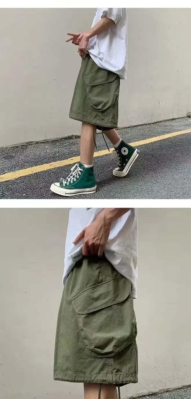 Loose Casual Men's Workwear Shorts Summer Wide Leg Drawstring Five-Quarter Pants Retro Japanese Style Outerwear Shorts