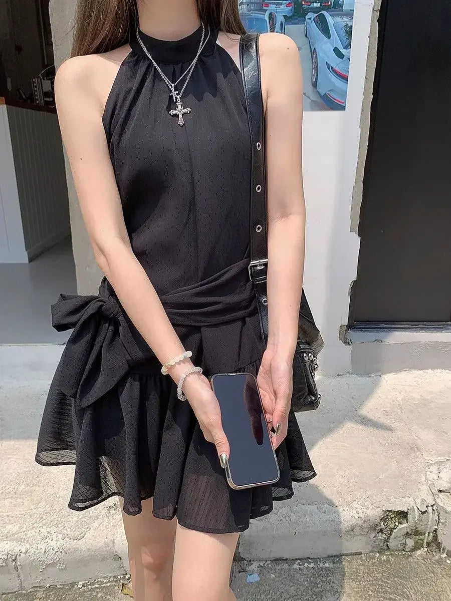 French Style Off-Shoulder Blue Summer Dress Women's Fashion Knot Waist A- Line Mini Skirt Black Short Skirt Sleeveless Gown