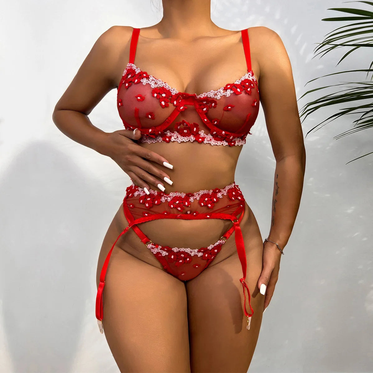 Floral Embroidered Sheer Lingerie Set Underwire Push Up Bra Thong Garter Belt See-Through Corset for Bridal Night Boudoir