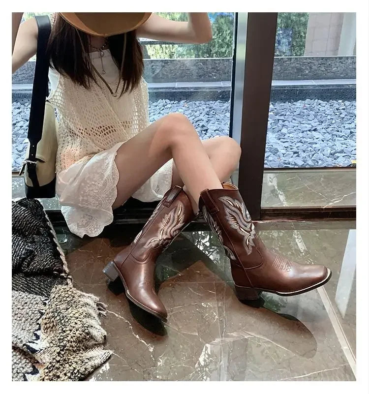 Fall Women Mid-calf Boots 2025 Vintage Leather-covered Brown Western Cowboy Boots Embroidered Chunky Heel Thigh-high Knight Boot