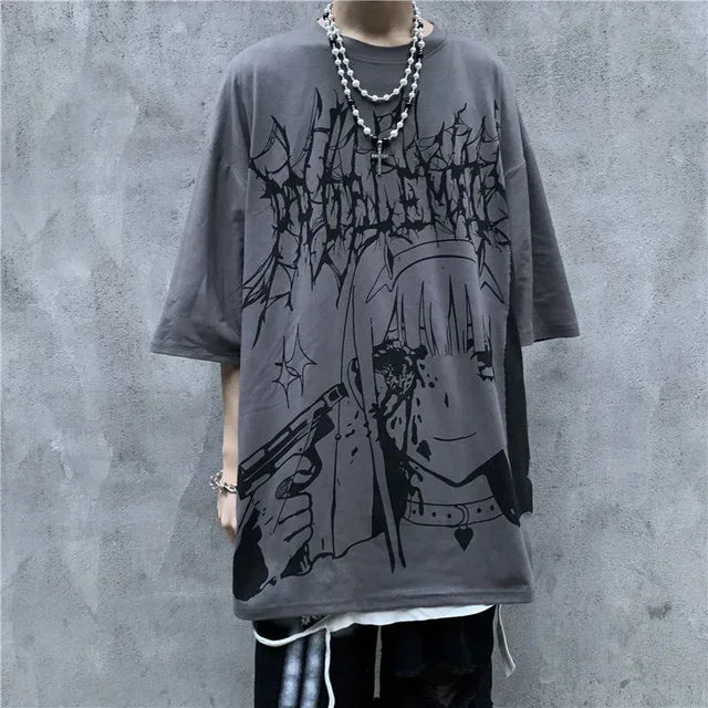 Men T-shirts 2023 Summer Streetwear High Street Gothic Skull Tshirt Loose Oversized Short-sleeved T shirt Dark Anime Men Y2k Top