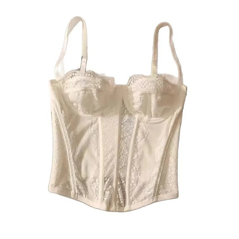 Sexy Gathered Tight Fitting Corset Top Lace Trimmed Transparent Pure Desire Tank Top Polyester Fiber Material From China Mainlan