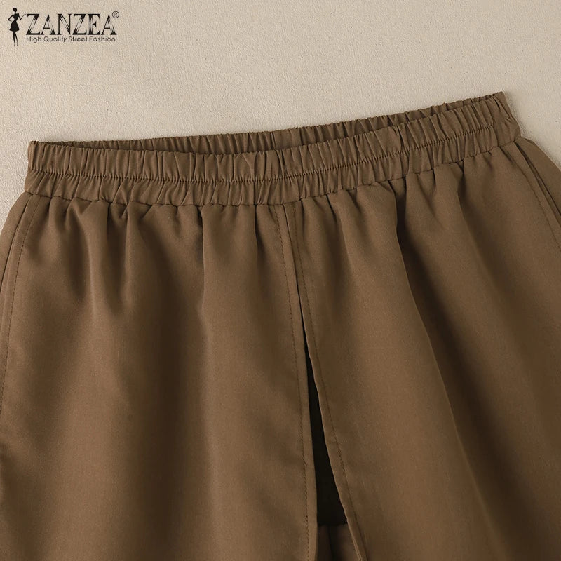 2025 ZANZEA Summer Shorts Women Fashion Casual Elastic Waist Trousers Vintage Holiday Beach Pant Solid Loose Pantalon Plus Size