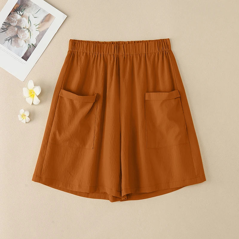 ZANZEA Vintage Summer Shorts Women Fashion High Elastic Waist Pantalons Pockets Solid Color Wide Leg Pants Casual Loose Shorts