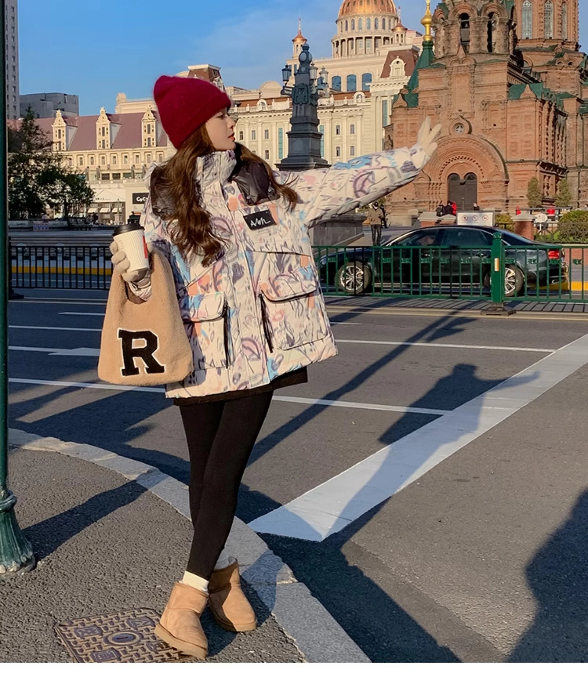 Down Jacket Fashion Short Women's Autumn and Winter Thickened Warm Windproof Warm Loose Hooded Straight Cartoon Anime Print 1Pc