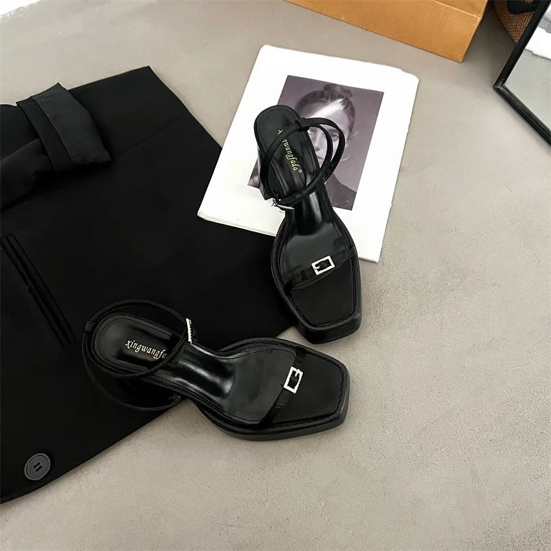 New High-heeled Women's Shoes with Square Toe and Straight Buckle Thick Heel Platform Sandals Shoes for Women