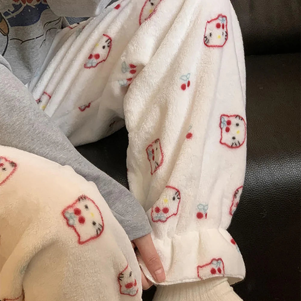 Sanrio Hello Kitty Flannel Pajamas Trouserswomen Kawaii Woolen Cartoon Casual Home Pants Autumn Women's Clothin Girl Gifts