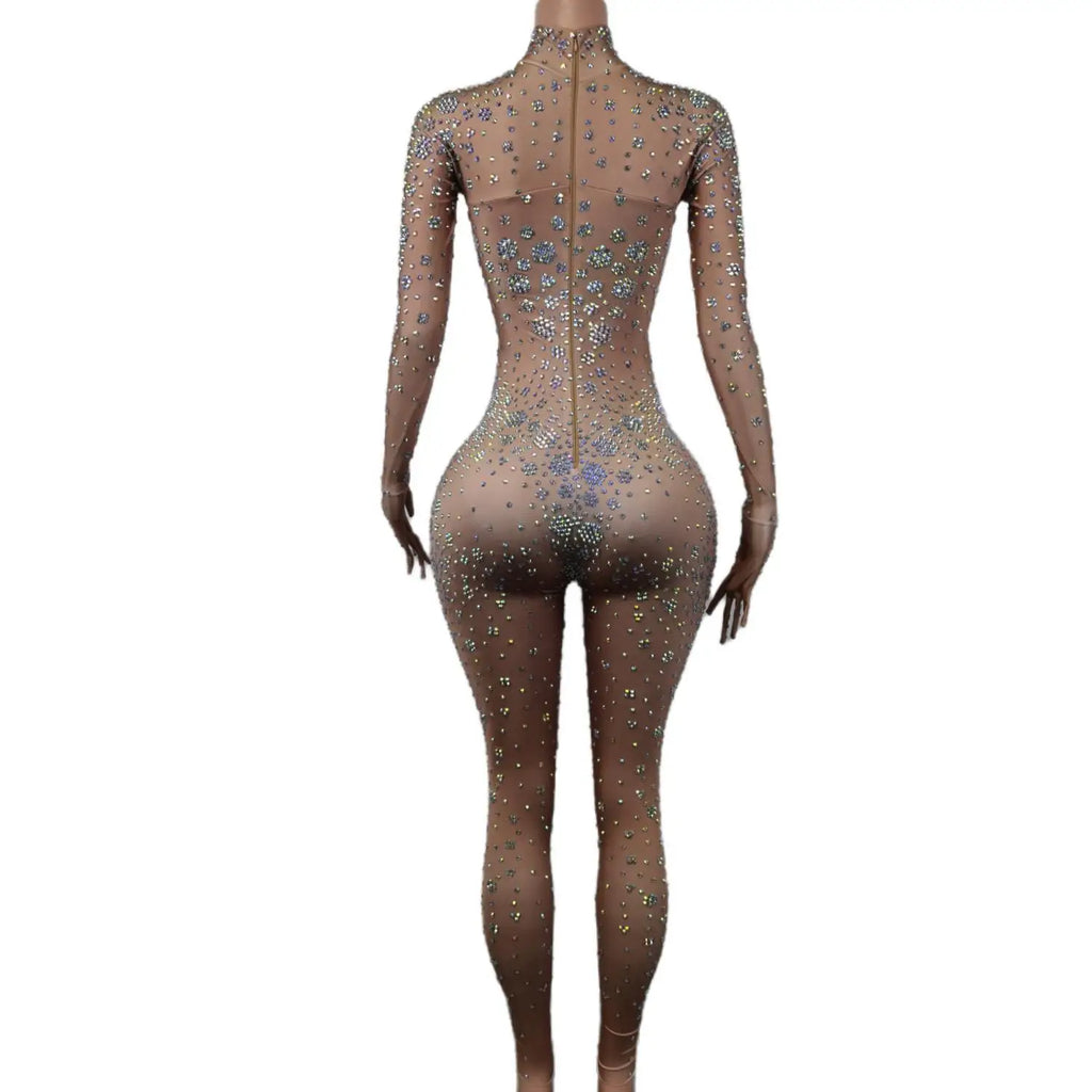 Luxury Nude See Through Rhinestone Bodysuit Fashion Outfits Show Dance wear Club Party Rompers Crystal Mesh Jumpsuits for Women