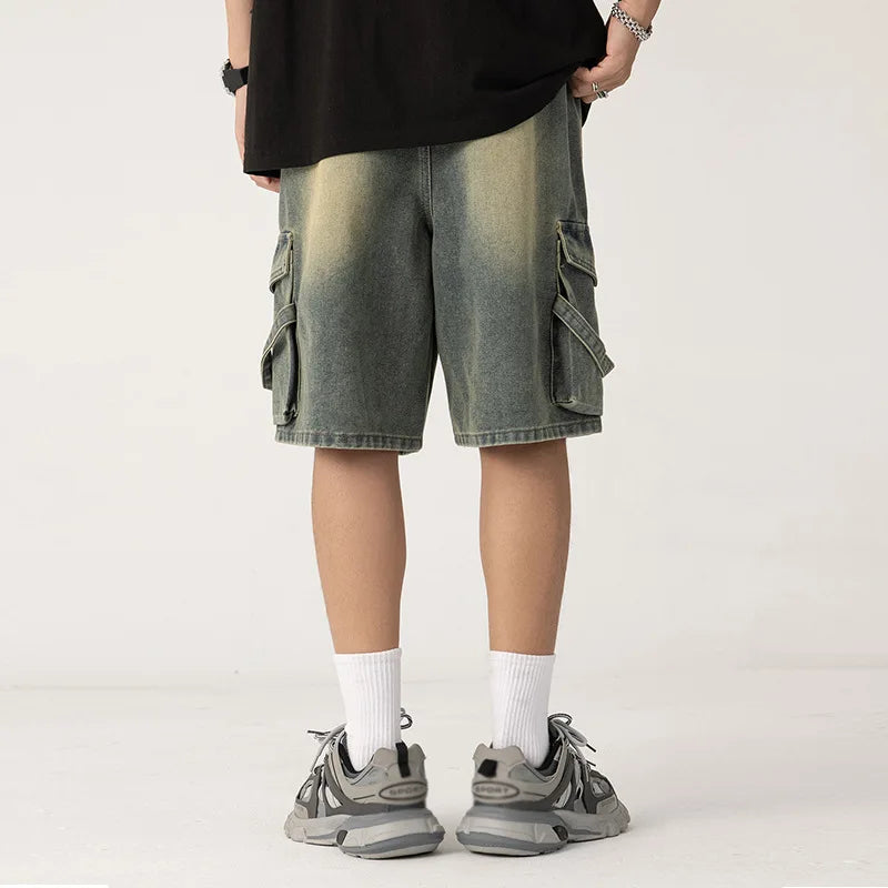 New Cowboy shorts, men's high-end personalized drawstring, loose casual denim five quarter pants, loose oversized wide leg pants