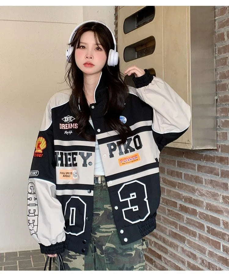 2023 Y2k Red White Bomber F1 Jacket Women Men Biker Racer Jacket Retro Hip Hop Grunge Clothes Trend Oversize Windbreaker Varsity