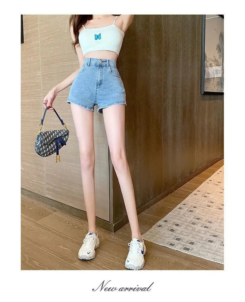 High-waisted Elastic Blue Denim Shorts Side Slot Women's Summer Korean Style Versatile Slimming Outerwear Wide Leg Heat Pants