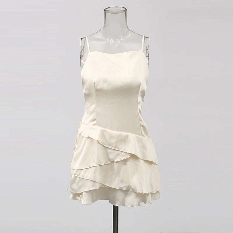 TWOTWINSTYLE Solid Spliced Ruffles Slimming Dresses For Women O Neck Sleeveless High Waist Temperament Mini Dress Female Fashion