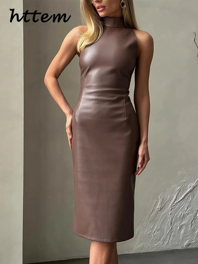 Vintage Midi Leather Dress Women Slim Turtleneck Sleeveless Hip Package Female Dresses 2025 Spring Lady Elegant Party Vestidos