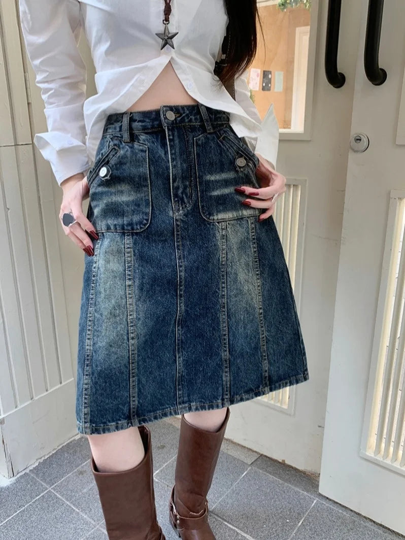 American Retro Distred Denim  Skirt Women plus Size Loose Slimming A-Line Midi Skirt Spring Summer New Sle