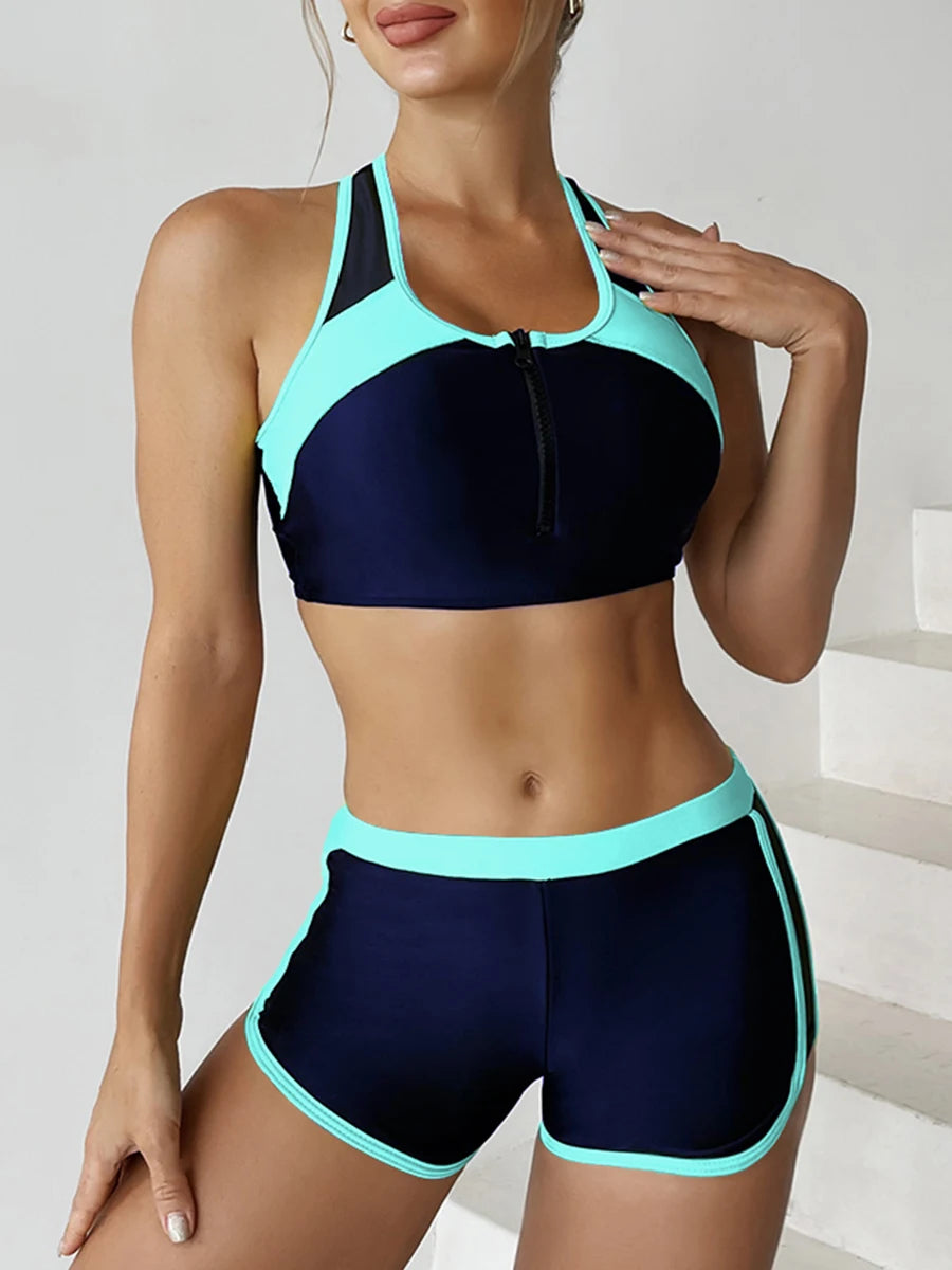 2025 Zipper Bikini Set Two Piece Swimsuit Women With Shorts Sports Swimwear Female Bathing Swimming Suit Beach Wear Summer
