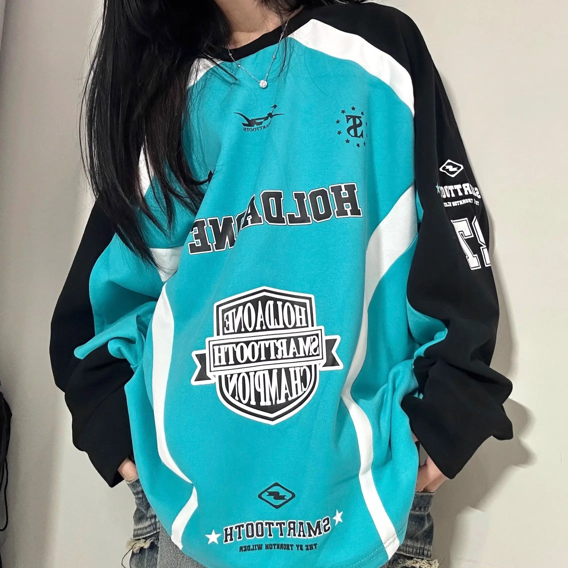 New American Retro Street Brand Color Matching Casual Color Matching Sweater Male Loose Couple Long Sleeve Racing Jacket Female